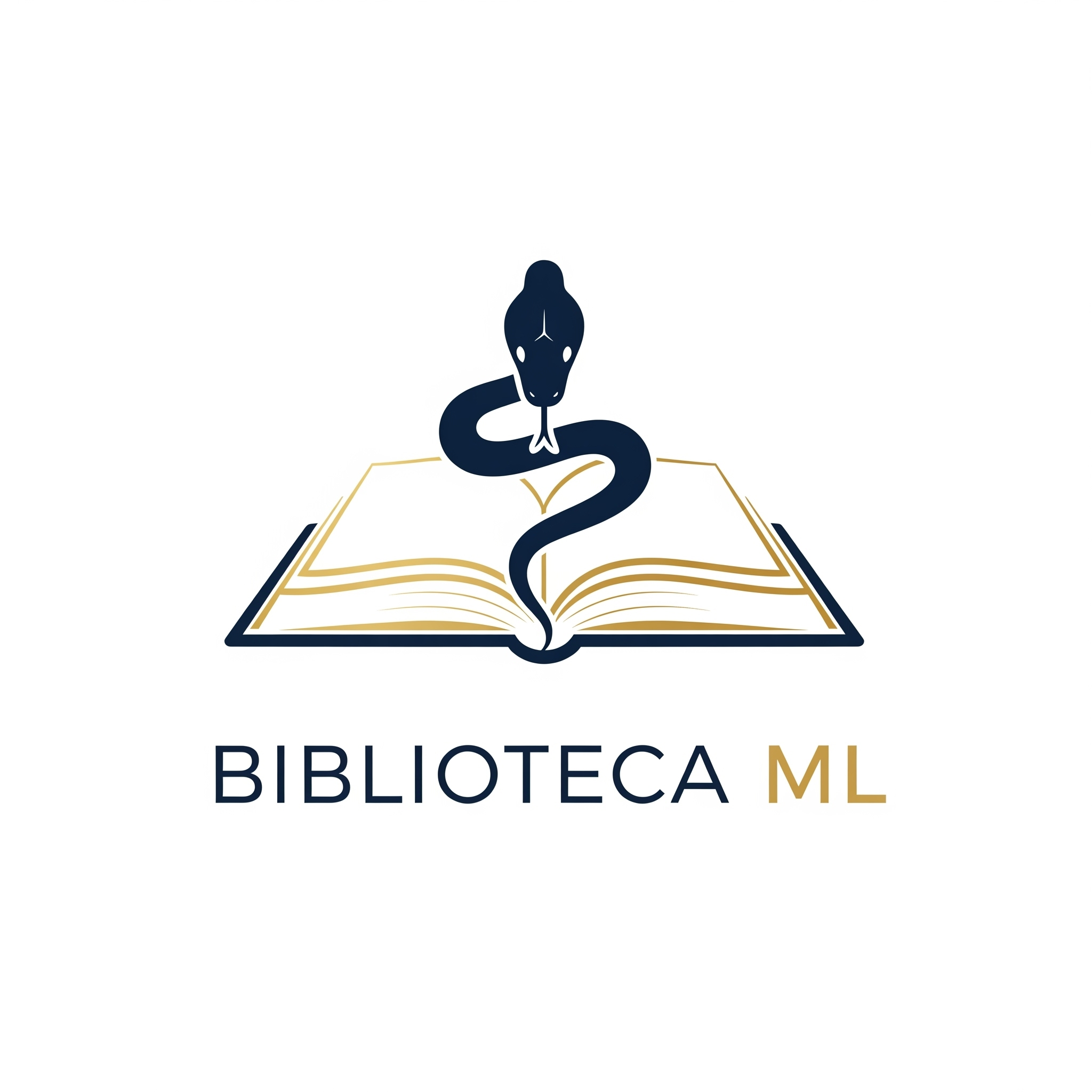 Logo de ‘Biblioteca ML’ con un libro abierto en tonos dorado y azul oscuro, del que emerge una serpiente estilizada en color azul oscuro mirando al frente. Debajo del libro aparece el texto ‘BIBLIOTECA ML’, donde la palabra ‘BIBLIOTECA’ está en azul oscuro y ‘ML’ en dorado.